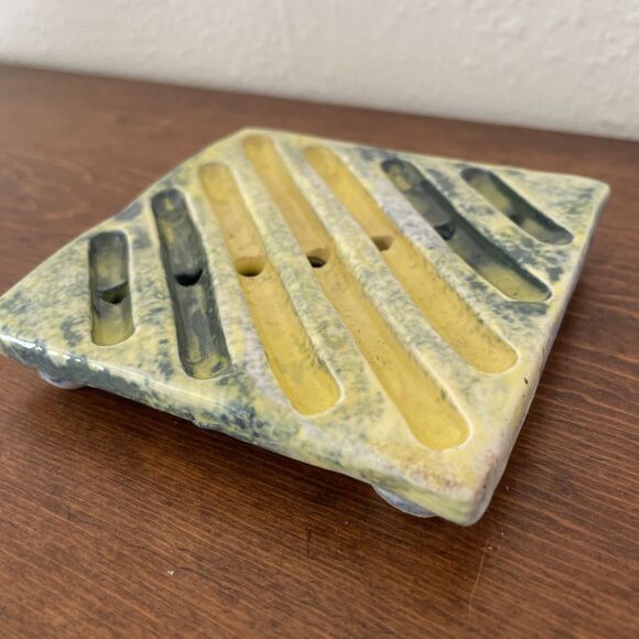 Handmade Pottery Ceramic Soap Dish 3.5‎ Inch Square Yellow Blue Abstract - Picture 2 of 7